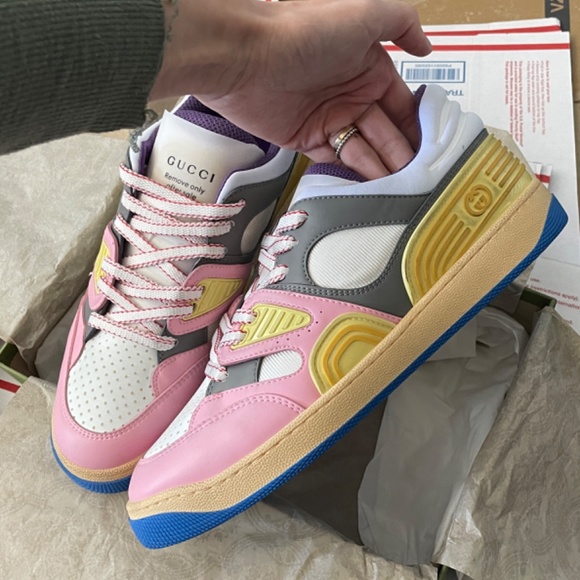 NEW GUCCI Basket Panelled Low-Top Sneaker in Pastel Pink Yellow White Demetra 40 - Picture 14 of 14